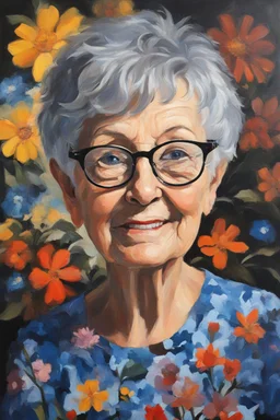 Oil paint on canvas, chiaroscuro, deep shadows, masterpiece, happy, 2020 caught off guard, 79-year-old Phyllis Kendall, short pixie-cut, shag-cut straight, dark salt and pepper hair, overweight, blue eyes, great big, round lensed eyeglasses, wearing a black, floral print, short-sleeved, pull-over shirt, dark blue sweatpants, sitting at the computer checking her emails