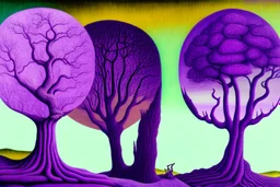 purple trees in a surreal landscape by artists "Leonora Carrington" and "Max Ernst"