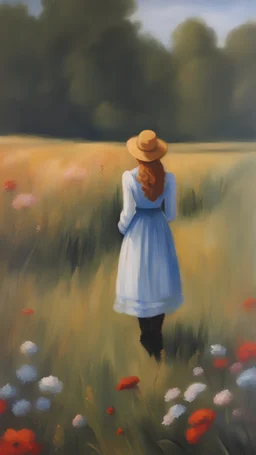 Painting of Anne Shirley standing from behind in a field, wild flowers, oil painting, beautiful painting, dream, farm, Anne Shirley standing from behind, inspired oil painting by Bob Ross