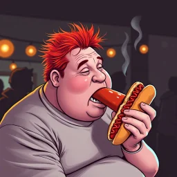 fat man with red hair eating a hot dog