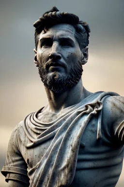 Ultra Realistic image, roman sculpture, Calacatta marble material, Lionel Messi, gold Laurel wreath, Renaissance style, miguel angel David style, chisel style, emperor, waist up portrait, epic, celestial, cinematic lighting, God light, god rays, 4k resolution, smooth details, ornate details, soft lighting, unreal engine 5, sky background.