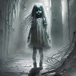 girl smiling, fullbody,creepy,horrifying,dreadful,sinister,