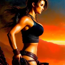 Drawing of beautiful face,'beautiful booty,Busty Lara Croft',intense stare, ancient skintight armor, balanciaga fashion clothe painting by gaston bussiere, greg rutkowski, yoji shinkawa, yoshitaka amano, tsutomu nihei, donato giancola, tim hildebrandt, Oil on canvas, cinematic composition, extreme detail,fit full head inside picture,16k