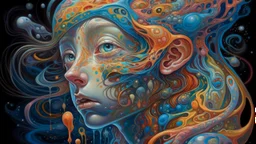 A mesmerizingly intricate Slime girl, each feature meticulously crafted with vibrant colors and surreal details: shimmering tendrils of slime flowing like liquid silk, iridescent patterns swirling across her skin, and eyes that seem to hold galaxies within. This breathtaking masterpiece of surrealism is a painting that exudes a sense of otherworldly beauty and meticulous attention to detail, captivating viewers with its high quality execution and dreamlike allure.