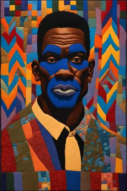 A polychromatic textile portrait, a man with a blue face, quilting, fabrics, by artist "Bisa Butler"