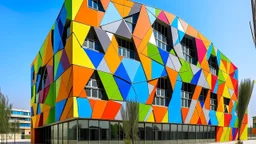 estructura arquitectónica moderna que destaca por la combinación de formas geométricas y colores vivos. El diseño incluye patrones cuadrados y triangulares en las paredes, lo que contribuye a la estética contemporánea y lúdica de la arquitectura. Hay grandes ventanas, algunas cubiertas con rejas para añadir textura y contraste. Frente al edificio, hay una pequeña zona verde con una planta frondosa, y tres personas están paradas junto a la entrada, lo que proporciona una sensación de escala a la