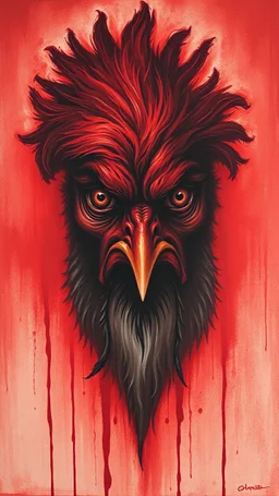 Bosch style painting , A shadow of a spirit inside a bloody red chicken haired with beard head with eyes open wide details on red bloody background
