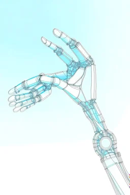 Draw mechanical arm with slender flexible structure and flexible joint drawing scientific papers. The three-dimensional structure in the figure needs to be filled with color, and the background uses the light blue sky composition.