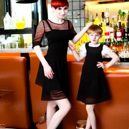 Russian guy young mommy boyish boylike short man's haircut men's face boyish features in black girlish lacy cocktail dress as mother in restaurant