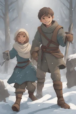 DnD style, two medieval peasant kids playing in the snow male and female, age 14 and 15, happy and playful, he has a short sword.