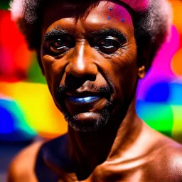 masterpiece, best quality, old man, dark skinned, sparkling eyes, fluorescent skin, colorful makeup, afro, head shot, highly detailed body, sun light, 4K, RAW, depth of field, high contrast, realistic details, 24mm