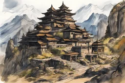 ancient fortified mountain temple complex in the style of traditional illustration, drawn with oil markers, rough sketch, industrial design