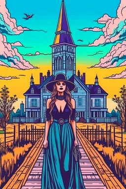 Woman looking like a modern day witch with flowing clothes with a city behind her