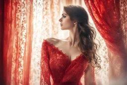 A beautiful brunette woman looks out from behind a red lace and silk curtain, holds the curtain with one hand and pulls it away in sunshine, watercolor and black ink outlines, sparkling golden glitter, ethereal, cinematic postprocessing, bokeh, dof