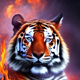 smooth hyper realistic, beautiful Japanese burning lava tiger battle with knight in crown, pale colors, dark cosmos background, extremely sharp detail, finely tuned detail, ultra high definition, 8 k, unreal engine 5, ultra sharp focus, accurate sword wings, positive smile, lot of details, fit within portrait, Ambiance winter, perfect composition, perfect hair, perfect hands, finger up gestures