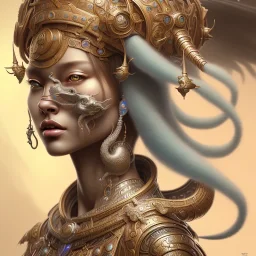 ssango fantasy, fantasy magic, intricate, sharp focus, illustration, highly detailed, digital painting, concept art, matte, artgerm and paul lewin and kehinde wiley, masterpiece silver elephant head bronze Asian African girl nice breast Afo hair turquoise sun rain waves