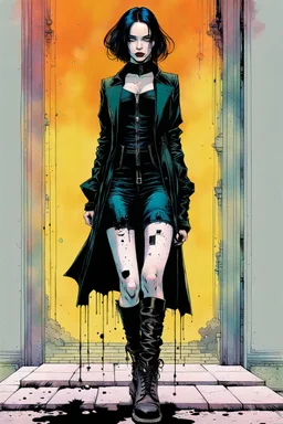 Create and fine print full body illustration of a Goth Girl with finely lined and detailed facial features in a ragged gothic dress ,battered combat boots, , in the graphic novel style of Bill Sienkiewicz, and Jean Giraud Moebius, precisely drawn, colored and inked