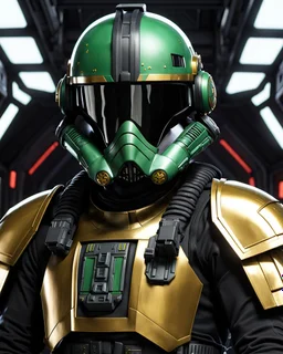 star wars bald male corellian pilot wearing black and bright gasoline green First Order special forces TIE pilot commando armored flightsuit and helmet with gold trim inside the jedi temple, centered head and shoulders portrait, hyperdetailed, dynamic lighting, hyperdetailed background, 8k resolution, volumetric lighting, light skin, fully symmetric details