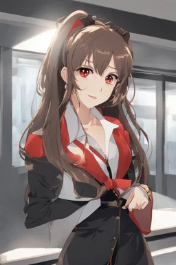 (masterpiece), (anime style), award winning, centered, looking toward camera, long brown hair, confident young woman, red eyes, modern setting, dynamic lighting, dynamic composition, ultra detailed, (epic composition, epic proportion), professional work, wearing casual black and red clothes