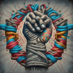 A knotted fist made with different designs from the revolution of different countries. Art - Tradition - Revolution - Dictator - Mural - Freedom - People 4k, full details, high resolution