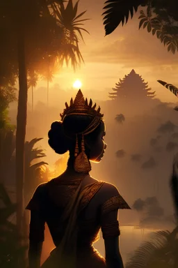 Javanese princess from a distance looking at us with jungle in background and backlit near sunset