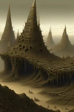 a landscape full of eerie biomechanoid trypophobic-mandelbulb-sierpinski-fractal-skyscrapers. lovecraftian concept art in the style of Alan lee beksinski giger