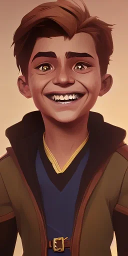 Portrait of a handsome 9 year old brown haired little warlock kid smiling