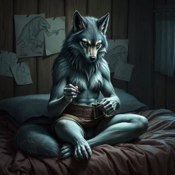 an anthropomorphic wolf woman hybrid full wolf furry on her body sitting in the middle of a bed with a sewing needle and thread in her paw sewing a wide material belt, around her in the background are some paper with sketchy line kind drawings from monster on the walls of the wooden house, high realistic, detailed, cinematic, sci-fi, digital art, dark fantasy mood