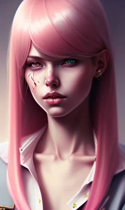 girl, cute, beautiful, pink hair, brown eyes, long hair, bangs, knife in hand, blood on face, by Greg Rutkowski, big boobs, blazer, skirt, yandere