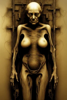 The full body of a fat old woman , use the face in the picture , hofront view camera, decayed and rotting with grotesque proportions and imagery. surreal horror, biomechanical design, by hr giger and beksinski , fine lines draw