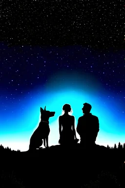 black background on a mountaintop and three silhouettes of a fit man, a silhouette of a fit woman, and silhouette of a Belgian malinois sitting next to the men and the woman looking at the stars