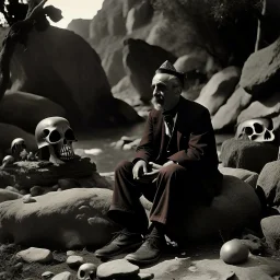 photo, 1920 horror movieshot, sitting, eaging, rocks, very odd objects in background, Ades, stunning photo, persone con sorriso falso e occhi, Charon, tenebroso, macabro, marcio, interno museo, fiotti di liquido nero che zampillano, hypermaximalist, strangeness, sundial light, odd, intricate, Lawrence Alma-Tadema style, albero, hypnotic, very accentuated details of the dress and skin, eerily mysterious, artistic photo, shot on Hasselblad, sadness, follia, smoke, daguerrotype