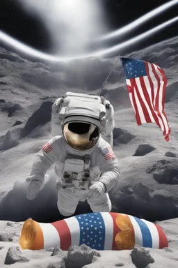 "Generate an awe-inspiring 8K realist image depicting an astronaut triumphantly planting a Bitcoin flag on the lunar surface. The cosmic backdrop should be a chaotic yet mesmerizing scene, replacing traditional stars with various cryptocurrencies. Envision shooting stars as dynamic market movements, while trading charts and pips seamlessly integrate into the background, forming a visually stunning representation of the crypto universe's conquest of the moon."