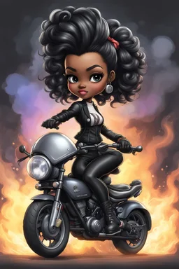 Create a digital airbrush illustration of a chibi cartoon full figure black female riding a sports motorcycle. She is wearing tie dye and black tights with biker boots. Prominent make up with log lashes and hazel eyes. Extremely highly detailed black shiny wavy hair up in a messy bun. Background of smoke surrounding her and the bike and she's at a bike show.