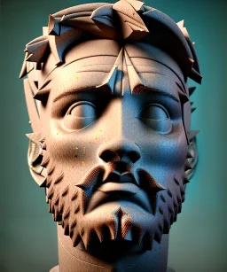 Gran angular, Realistic image, roman sculpture buste, marble deluxe material, Lionel Messi, gold Laurel wreath model, miguel angel style, emperador, God light, god rays, 4k resolution, smooth details, ornate details, soft lighting, unreal engine 5, soft cyan background.