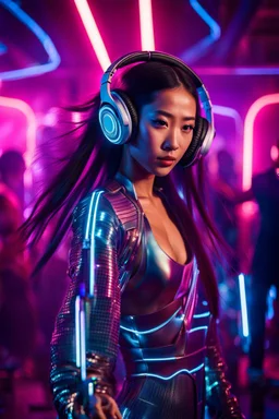 midle shot dancing in silent disco a young asian woman with long extrem hair, stunning futuristic dress and make up, wearing headphones and looking you attraktive, The atmosphere is enhanced in disco bar with neon lights, cyberpunk vibe, futuristic, light lines, photorealistic, in background blure light and blur dancing people