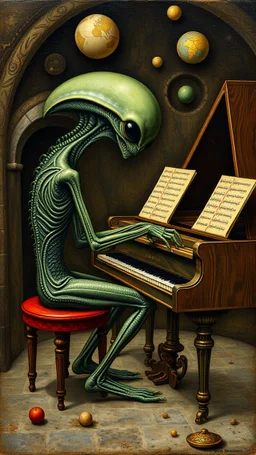 Hieronymus Bosch style , aa alien playing the piano