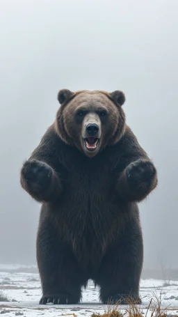 Heavy fog, huge angry big standing gray bear with hands up