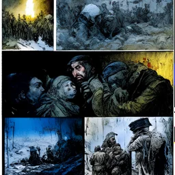 Masterpiece1:5)(Fineart), (award-winning:1.5), highest quality, war journalism, ink and colored pencil sketch of photocollage (by Gustave Doré, Jan Saudek:1.5),(Eastern Ukraine:(panel one:the moment after a battle ends, horrors of war, wounded men),(2nd panel, cinematic shot of men sitting in trench with 1000 yard stare (focus on their eyes:1.5)),(the third panel shows troops tired but hyper alert), (the fourth panel shows the sky is filled with incessant, fire and smoke everywhere,)