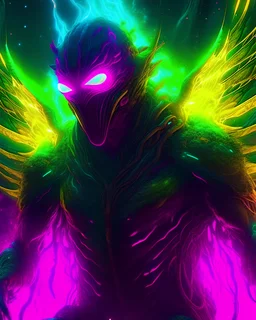 cosmic environment, rotten fallen archangel, ((yellow glowy eyes)), biomechanical, eerie, creepy, nightmarish, very bright colors, splash of teal and magenta, light particles, bioluminescence, Mschiffer, wallpaper art, UHD wallpaper