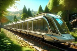 public space, in a wooded environment of a future city, solarpunk, there is a 8 seats elettric futiristic shuttle slowly drive on a train trak, realistic, high image detail, high image quality