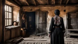 in front of the picture from the back, an middle-aged woman in a black vintage hungarian folk dress with brown hair in black woman headscarf , her standing in little old room, old, village environment, little light, sad atmosphere, high detailed, sharp focus, high realistic, perfect photo