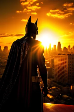 (image: Spiderman, tsoaring above Gotham City as the sun sets in the background), Descriptive Keywords: Batman, Caped Crusader, Gotham City, Sunset, Iconic, Ultra Realistic, Batman Film, Camera Type: Medium Format, Camera Lens Type: Macro lens, Camera Aperture Settings: f/3.5, Time of Day: Sunset, Style of Photograph: Cinematic Heroism, Type of Film: Digital.
