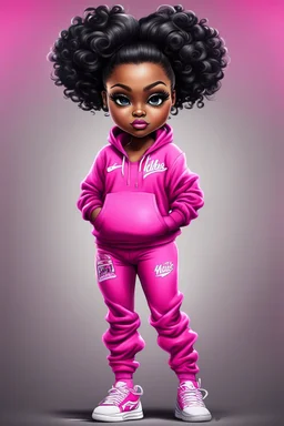 Create an airbrush image of a curvy chibi cartoon black female wearing a hot pink jogger set and black sneakers. Prominent make up with hazel eyes. Extremely highly detailed of messing curly bun