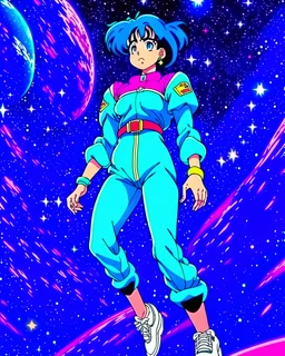 90's vintage anime character in space floating, full body, grown up