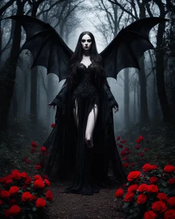 Facing front photography Gothic Art Style realistic Full body,creepy Vampire ghost woman long hair straddle wings bat she on walk on creepy,in dark night mystery forest,red roses flowers sorrounded background,dramatic angle, extreme angle shot, trypophobia, horror