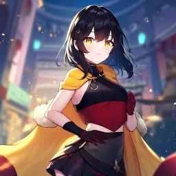 Clear focus,High resolution, Black short fluffy hair, and yellow eyes, wearing a black short skirt, sleeveless crop top, wearing long dark red gloves, yellow cloak