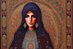 An intricate mosaic Iranian carpet from the Byzantine era in the center of the painting Beautiful gypsy girl.