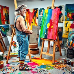 An elderly bohemian artist with wild curly white hair, worn beret, denim overalls with suspenders paint-stained, colorful striped socks and sandals, standing at large easel painting vibrant abstract expressionist canvas with dripping yellows, electric blues, hot pinks, deep reds, bold blacks cascading down. Art studio with colorful abstract expressionist paintings hanging on walls in background, finished artworks displayed. Studio floor covered in paint tubes, brushes, palette knives, rainbow pa