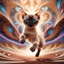 A high-speed action shot of a young Siamese kittenwith brown ears, captured in mid-leap or play. The image is detailed and intricate, featuring swirling fractal patterns surrounding the kitten, enhancing the sense of motion and energy. In the background, there's a mesmerizing fractal landscape, with complex geometric shapes and vibrant colors. The landscape and the fractal patterns around the puppy blend seamlessly, creating a dynamic and visually captivating scene in space with chrome silver pl